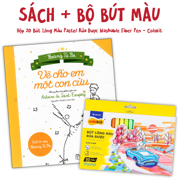 bộ combo sách tô màu hoàng tử bé + hộp 20 bút lông màu pastel rửa được washable fiber pen - colokit swm-c008