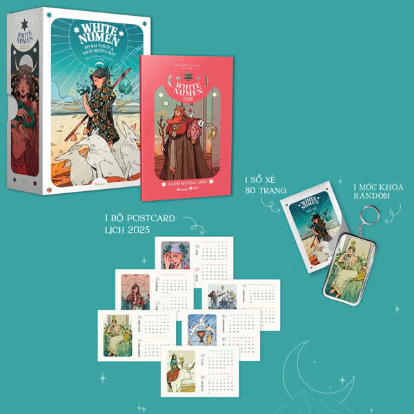 boxset white numen tarot (bộ bài + sách hướng dẫn) - tặng kèm bộ quà all-in: sổ xé in bìa art bài + bộ postcard in hình art bài kèm lịch 2025 + móc khóa in art bài random