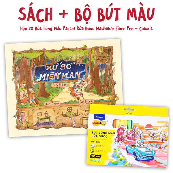 Combo Sach To Mau Xu So Mien Man + Hop 20 But Long Mau Pastel Rua Duoc Washable Fiber Pen