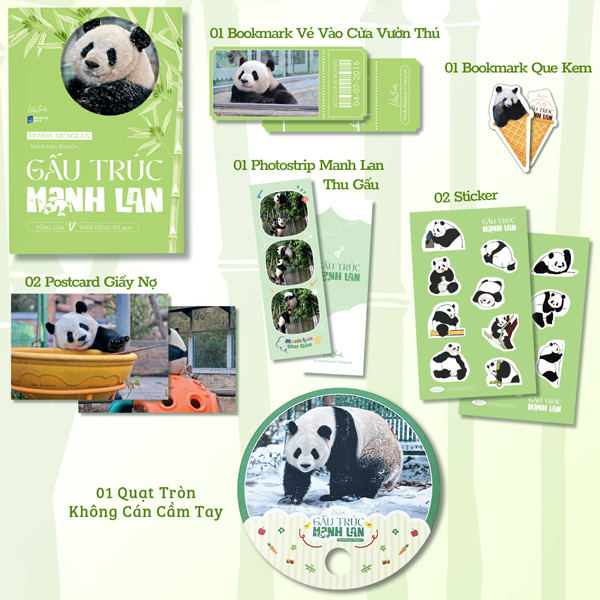 panda menglan - manh lan truyện - gấu trúc manh lan - tặng kèm 1 bookmark bế hình que kem + 1 bookmark vé vào cửa vườn thú + 1 photostrip + 2 postcard giấy ghi nợ + 2 sticker + 1 quạt tròn không cán cầm tay